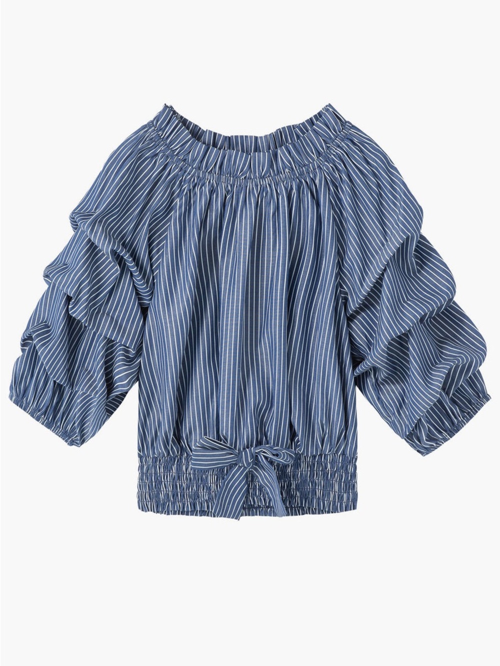 Habitual Blue Pinstripe Off-Shoulder Ruffle Sleeve Blouse